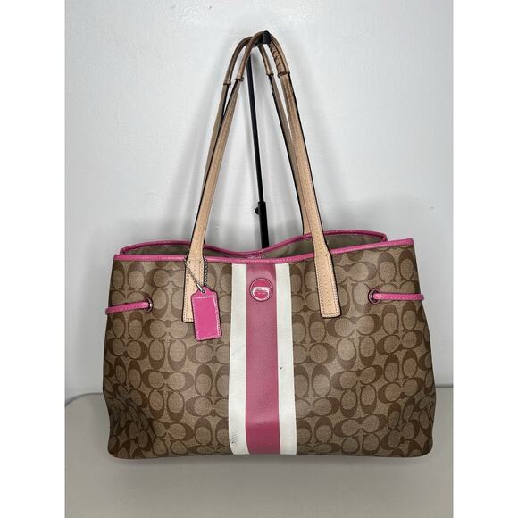Coach Tote Bag Purse Coated Canvas Leather Pink Signature Stripe Logo - Picture 1 of 16